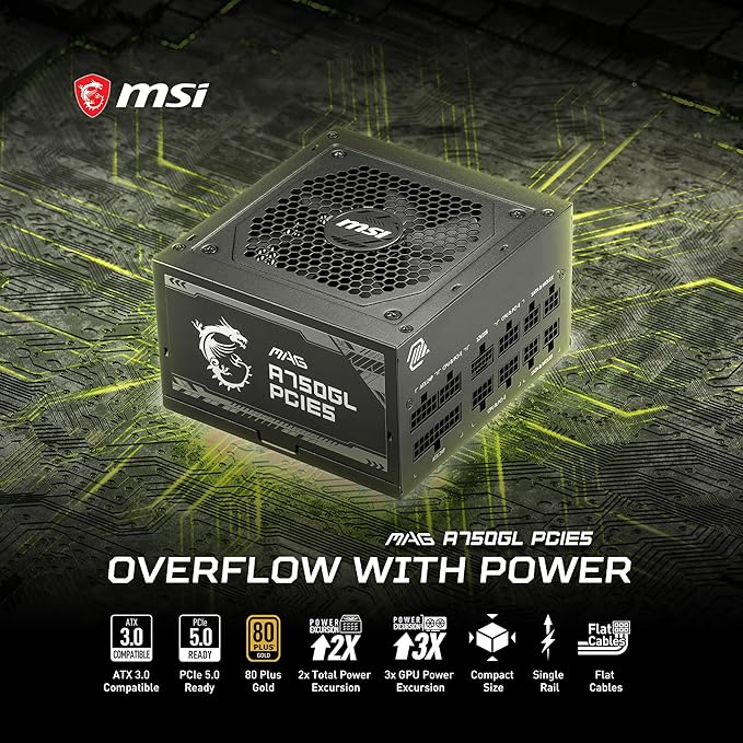MSI MAG A750GL PCIE5, Fully Modular Compact Gaming 750W Power Supply, 80+ Gold, ATX 3.1 & PCIe 5.1 Ready, Native Dual-Color 12V-2x6 Cable, 10 Year Warranty