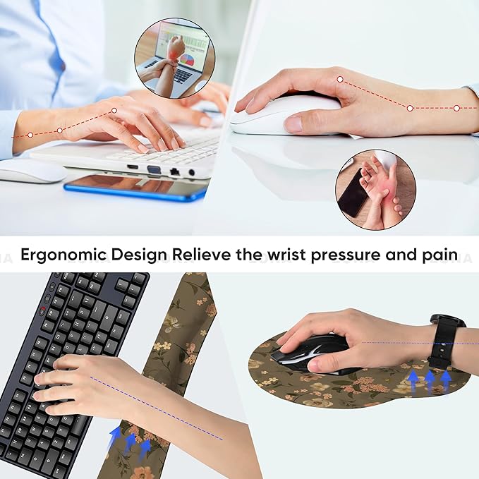 Ergonomic Keyboard Mouse Pad Wrist Rest Support Set for Laptop/Computer/Desktop,Memory Foam Hand Rest Wrist Cushion for Gaming/Office,Lightweight Comfortable (Flowers)