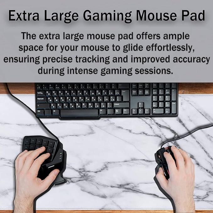Gaming Mousepad White Gray, Large Mousepad Office Desk Mats, Gaming Mouse Mat Non-Slip Rubber Base Waterproof with Stitched Edges, 35.4 X 15.7 inch for Work/Game/Office/Home Marble Texture