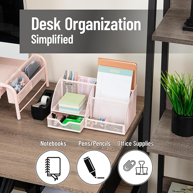 Mind Reader 7-Compartment Desktop Organizer, File & Accessory Storage, Metal Mesh Office Organizer for Desk, Workspace, Mail, Pink
