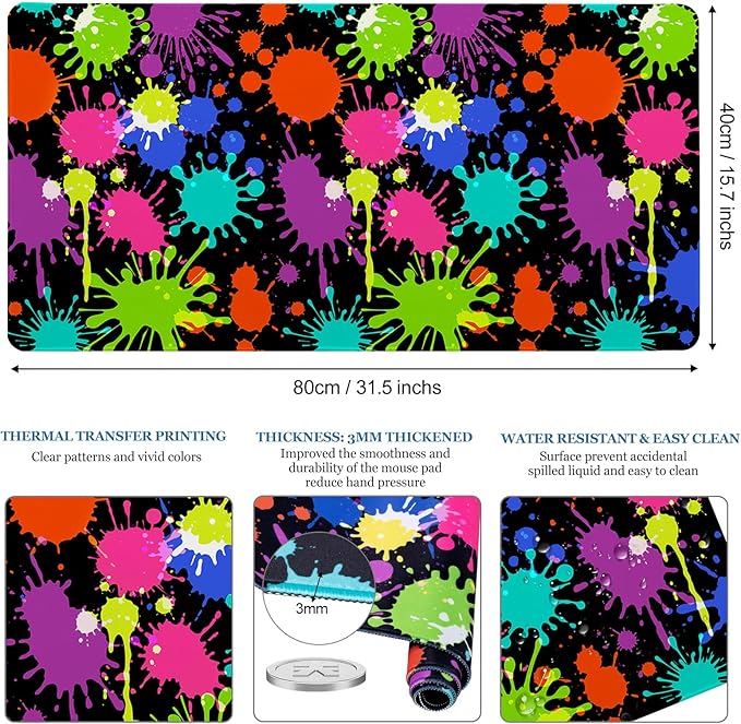 Desk Mat, Desk Matt for Desktop, Neon Paint Splatter XXL Large Gaming Mouse Pad with Non-Slip Rubber Base Stitched Edges Waterproof Keyboard Desk Pad for PC Gaming, Laptop, Computer, Work, Office