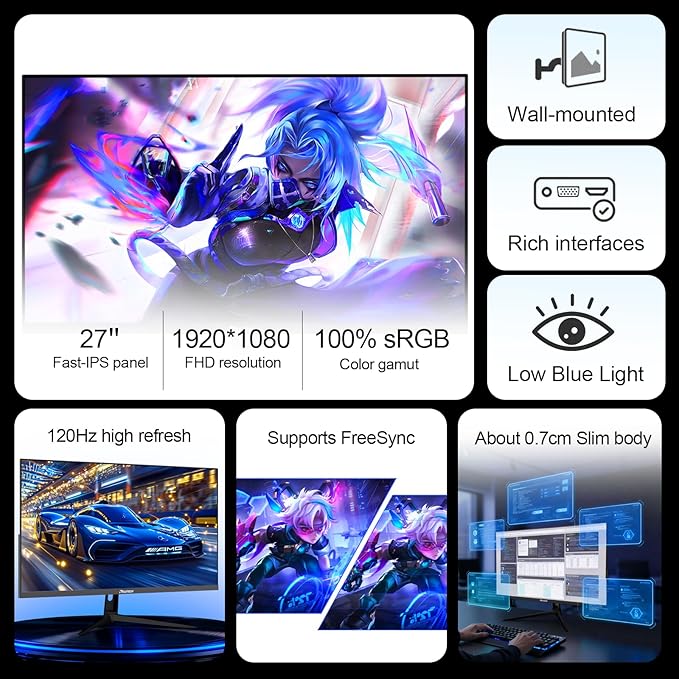 27 Inch 120Hz FHD Computer Monitor, IPS Frameless Gaming Screen with 1ms Response, AMD FreeSync, 100% sRGB, Eye Care, HDMI/VGA Ports & 100x100mm VESA Mount (R27 Velo)