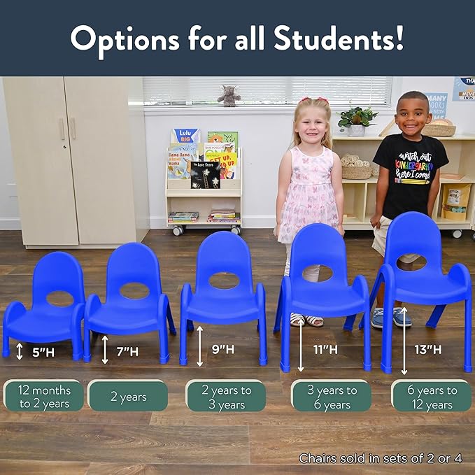 Children’s Factory Value Stack 11" Child Chair, Royal Blue, 2 Pack, Stackable Ergonomic Seating Solution for Classrooms and Homeschools