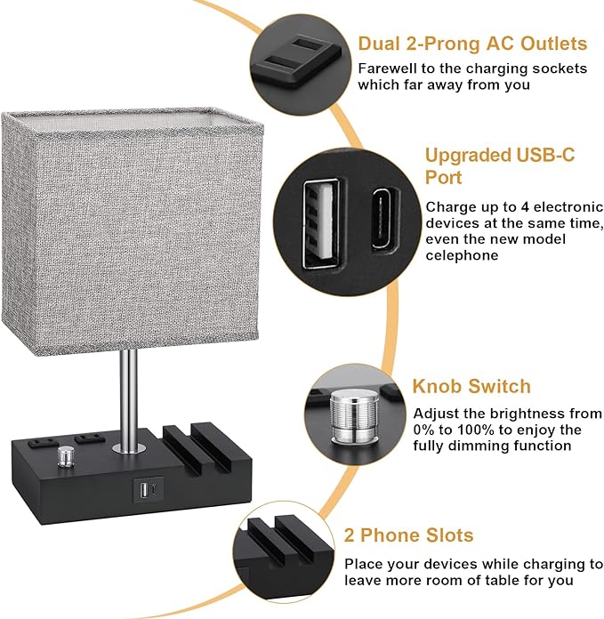 Kakanuo Fully Dimmable Nightstand Lamp for Bedroom with USB C Ports, Grey Small Bedside Table Lamp with Charging Outlets and Phone Stands, Wooden Desk Lamp for Living Room, LED Bulb Included
