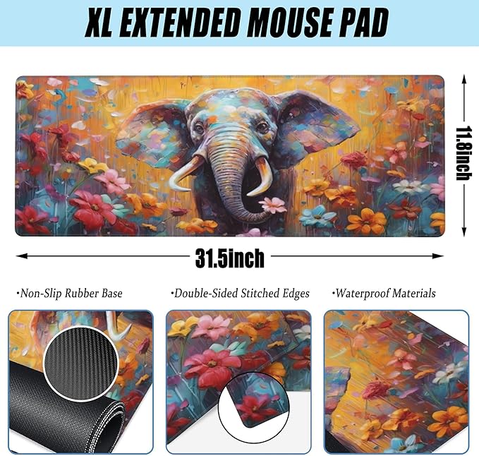 XL Mouse Pad,Elephant in Flower Blossom Large Gaming Mouse Pad,Cute Elephant Floral Desk Mat,Extended Big Computer Keyboard Desk Pad with Non-Slip Base and Stitched Edge 31.5"x11.8"