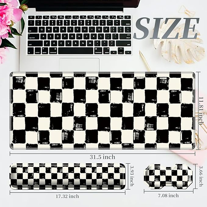3Pcs Mouse Pad Set, Black White Checkerboard Large Gaming Mouse Pad with Stitched Edge, Ergonomic Memory Foam Keyboard Wrist Support and Mouse Wrist Rest Cushion, Pain Relief Non-Slip Desk Pad Combo