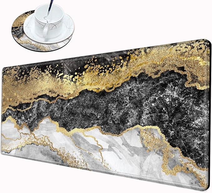 Gaming Mouse Pad XL Desk Mat for Desktop Extended Mousepad Black Gold Marble Desk Pad Long Computer Pads for 24"x12" Large Mouse Pads for Wireless Mouse Office Men