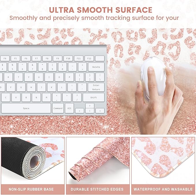 iLeadon Mouse Pad Set, Desk Mat + Mouse Pad with Wrist Rest + Keyboard Wrist Rest + Coaster, 4in1 Glitter Leopard Mouse and Keyboard Pad Set for Home Office, Pink Rose Gold Leopard