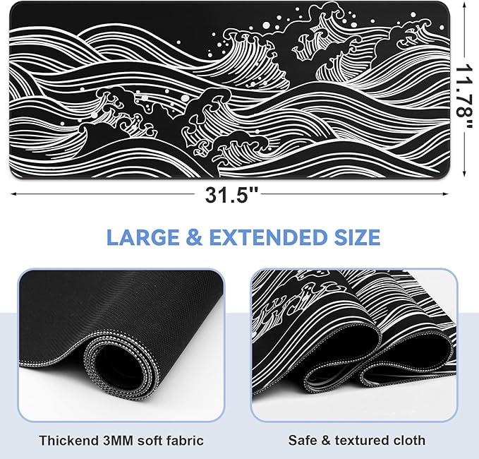 Gaming Mouse Pad - Large 31.5 x 11.8 in Black and White with Stitching Edges, Non-Slip Rubber Base Large Mouse Mat and Keyboard Pad (Sea Wave)