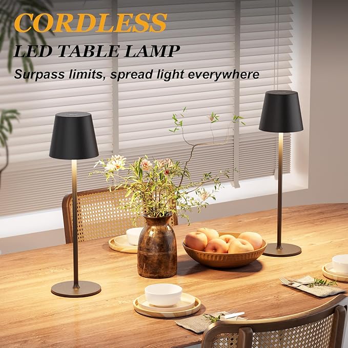 Kakanuo Cordless Table Lamp Rechargeable Black - KK 4 Pack Battery Operated Lamp for Dining Table, 3 Color Stepless Dimming Waterproof LED Wireless Lamp for Counter, Outdoor Patio, Touch Control