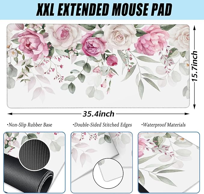 Large Gaming Mouse Pad for Desk,Pink Peony Flowers Eucalyptus Leaves Desk Mat,Watercolor Floral Desk Pad,Extended Big Computer Keyboard Mouse Pad with Non-Slip Base Stitched Edge 35.4"x15.7"
