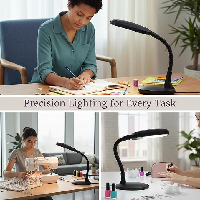 Lavish Home Desk Lamp - Natural Sunlight Lamp with Adjustable Gooseneck - Reading Light for Working, Crafting, Sewing, or Homework (Black)