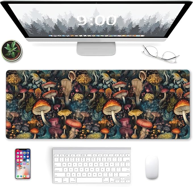 Mushrooms Desk Mat, Vintage Mushroom Floral Extended Gaming Mouse Pad Large, Big Desk Mat with Non-Slip Base and Stitched Edge, Long Computer Keyboard Mouse Mat for Home Office Work 31.5"x11.8"