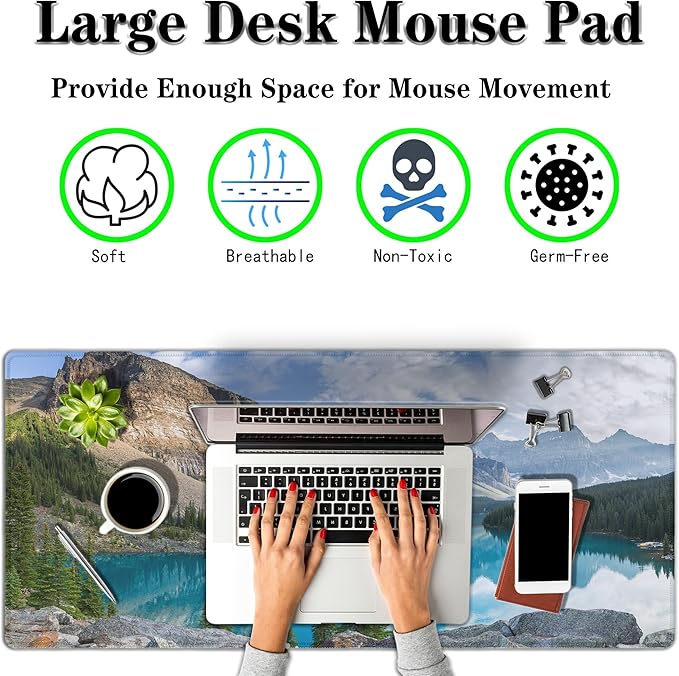 Gaming Mouse Pad Green Full Mousepad Large Desk Pad Keyboard Mat The Mousepad Non-Slip Rubber Base Waterproof with Stitched Edges 35.4 X 15.7 for Game Office, Rocky Mountains