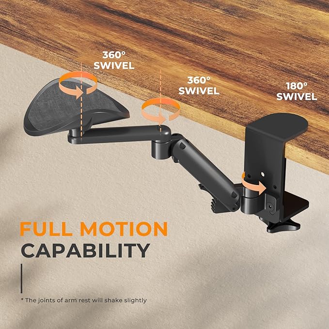 JOY worker Universal Clamp-on Adjustable Arm Rest, Ergonomic 360° Rotating Elbow Rest Pad for Desk, 6-Level Height Desk Arm Support for Thicker Desktop, Left/Right Hand, Black