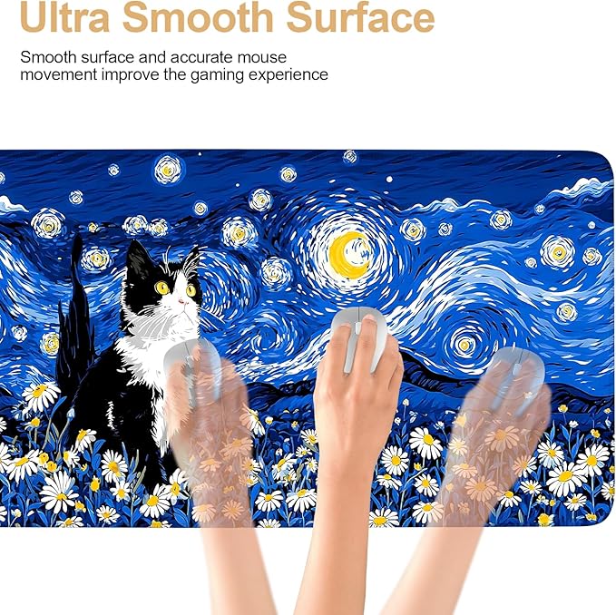 Large Mouse Pad & Keyboard Mat 35x16 Inches, Van Gogh Starry Night with Cat and Daisy Non-Slip Rubber Base Desk Mat, Large Extended Desk Protector for Home Office Gaming Setup