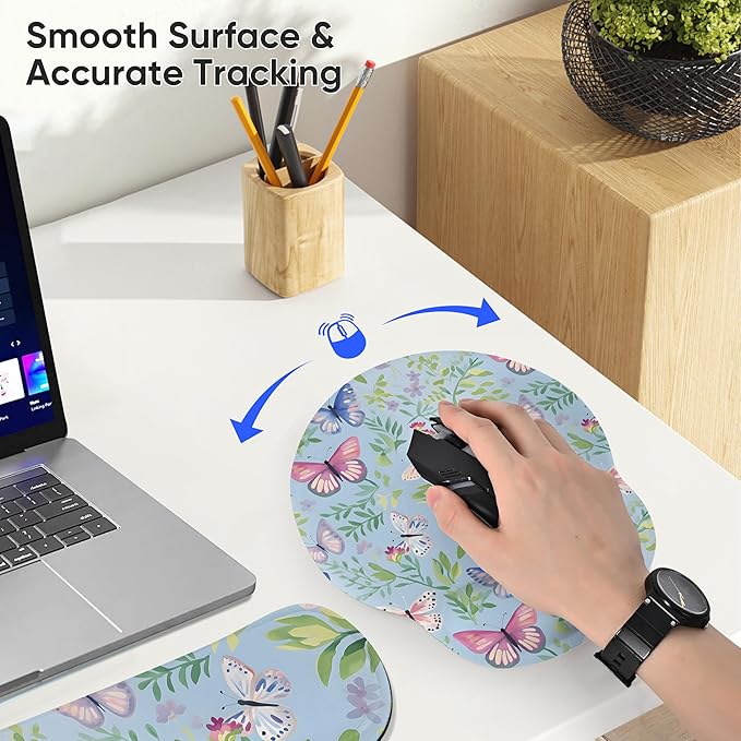 Ergonomic Keyboard Mouse Pad Wrist Rest Support Set for Laptop/Computer/Desktop,Memory Foam Hand Rest Wrist Cushion for Gaming/Office,Lightweight Comfortable (Butterflies)