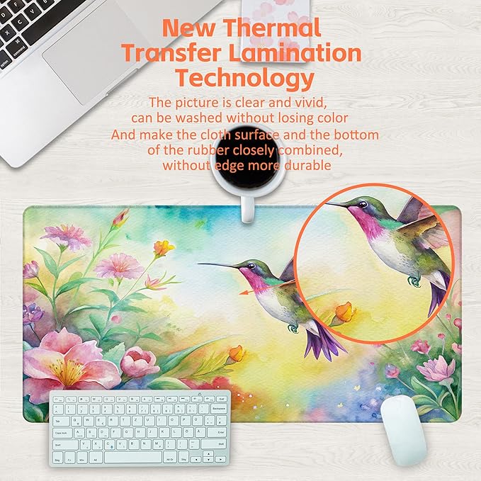 Large Gaming Mouse Pad for Desk, Watercolor Flying Hummingbird Desk Mat, Beautiful Garden Desk Pad, 31.5"x15.7" Extended Big Computer Keyboard Mouse Pad with Non-Slip Base and Stitched Edge