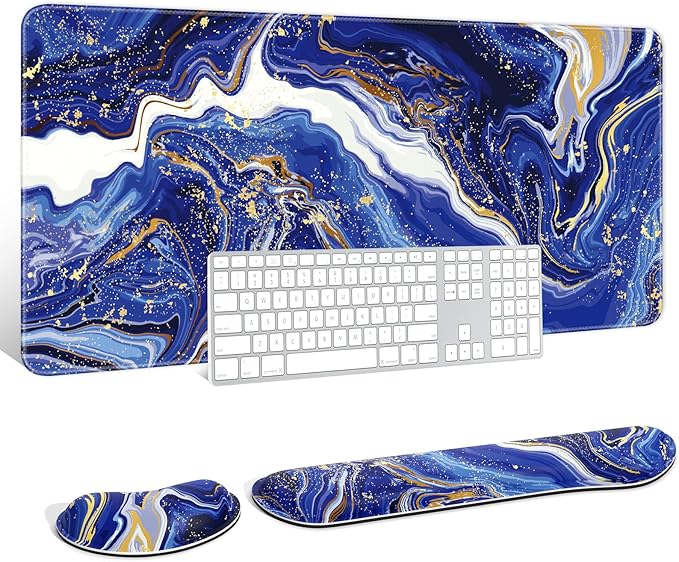 Auhoahsil Large Mouse Pad with Wrist Rests for Keyboard & Mouse, Thick Soft Ergonomic Memory Foam Wrist Supports, Big & Long Desk Mat 35.5 x 15.7 in, for Office Gaming Computer, Navy Marble