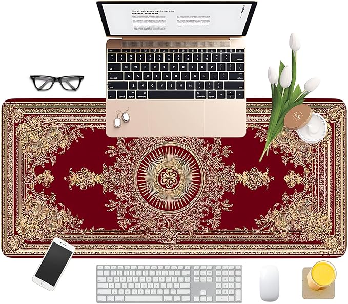 Red Vintage Extended Gaming Mouse Pad 35.4x15.7Inch Large Desk Mat Anti-Slip Rubber Base & Durable Stitched Edges for Gamers Smooth Mouse Writing Surface for Desk Office/Home