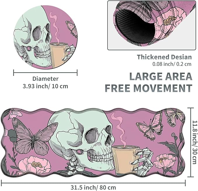 Skull Coffee Pink Large Gaming Mouse Pad Plus a Coaster, 31.5 x 11.8 inches Desk Mat Extended XL Mousepad with Stitched Edge Non-Slip Rubber, Desk Pad Computer Mouse Mat for Home Office