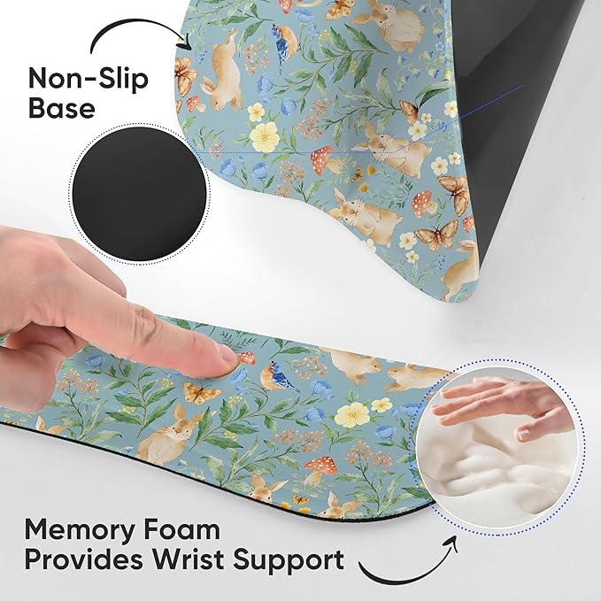 Mouse Pad Wrist Rest Support Keyboard Set Circle Coaster Gaming Mouse Pad Ergonomic Gel Memory Foam Set for Computer, Laptop, Office, Comfortably Typing Rabbit KM-40