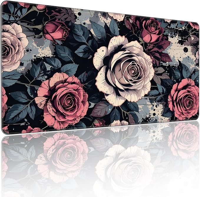 XXL Gaming Mouse Pad, Vintage Rose Floral Design, 35.4 x 15.7 Inches, Microfiber Cloth, Non-Slip Rubber Base, Rectangular Extended Desk Mat