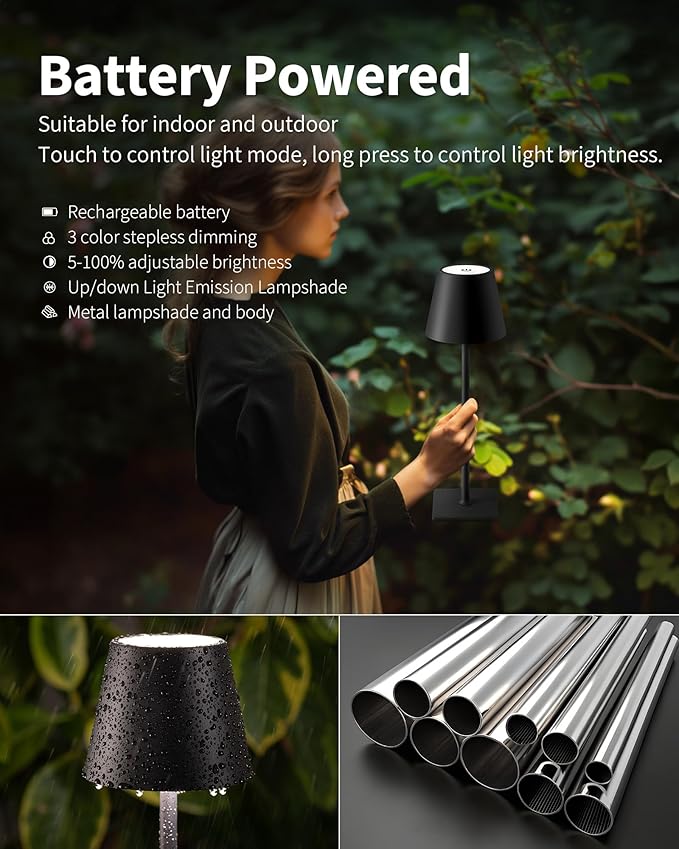 KDG 2 Pack Cordless Table Lamp, Portable LED Desk Lamps, 5000mAh Battery Operated, 3 Color Stepless Dimming Up, for Restaurant, Bedroom, Outdoor Camping, Coffee Shop, Night Light, Rechargeable (Black)