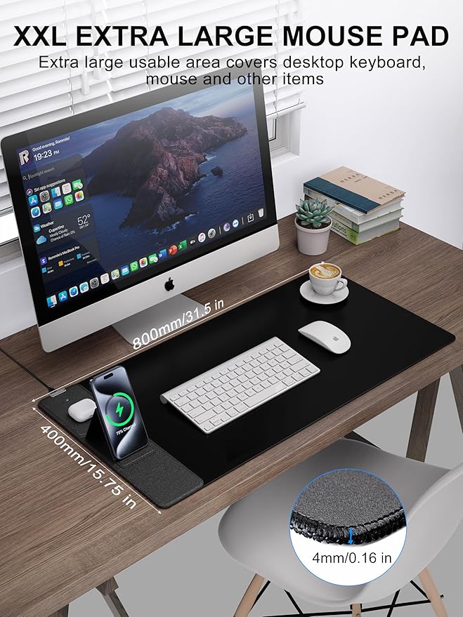Wireless Charging Mouse Pad with Foldable Phone Holder, 31.5" x 15.8" XXL Large Desk Pad, Gaming Mousepad with Ultra-Smooth Surface, Non-Slip Base, Black Waterproof Desk Mat, with 20W PD Charging Kit