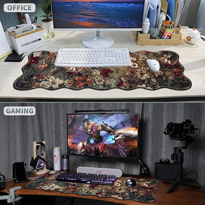 Dark Art Flowers Large Gaming Mouse Pad Plus a Coaster, 31.5 x 11.8 inches Desk Mat Extended XL Mousepad with Stitched Edge Non-Slip Rubber, Desk Pad Computer Mouse Mat for Home Office