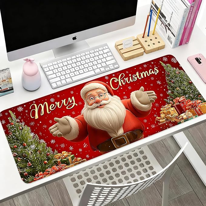 Desk Mat, XXL Extended Gaming Pad for Desktop, 31x12 Inches Jolly Santa with Tree, Large Non-Slip Vegan Leather Surface with Stitched Edges, Keyboard Mouse Mat for Home Office
