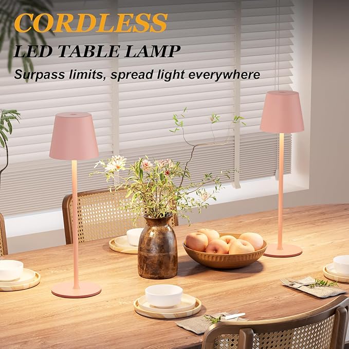 Cordless Table Lamp Rechargeable Pink - KK 2 Pack 5000mAH Battery Operated Lamp for Counter, 3 Color Stepless Dimming Waterproof LED Wireless Lamp for Dining Kitchen, Outdoor Patio, Touch Control
