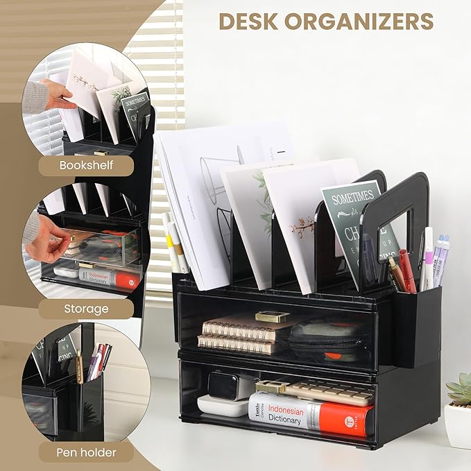 Black Acrylic Desk Organizer with Drawer & File Holder, Stackable Modular Storage System, Multi-Layer Desktop Organizer, Space Saving Office Desk Organizer for Home & Work