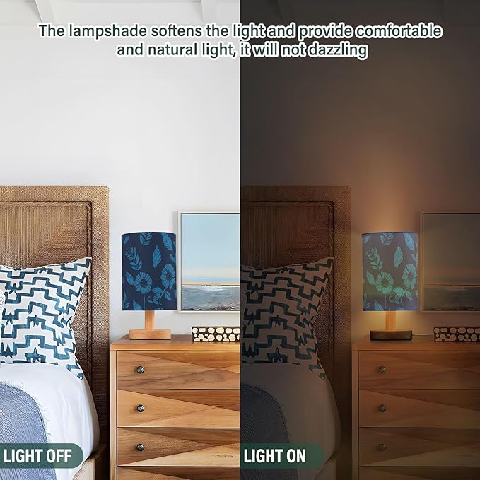 Blue Floral LED Table Lamp, Bedside Lamp with Linen Lampshade, Flicker-Free Eye Care USB Plug in Nightstand Lamp, for Bedroom and Office