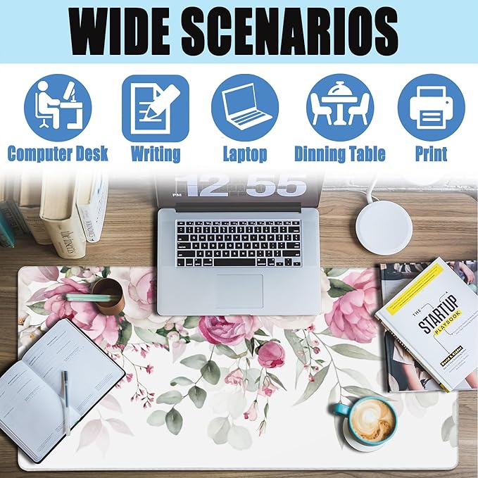 Large Gaming Mouse Pad for Desk,Pink Peony Flowers Eucalyptus Leaves Desk Mat,Watercolor Floral Desk Pad,Extended Big Computer Keyboard Mouse Pad with Non-Slip Base Stitched Edge 35.4"x15.7"