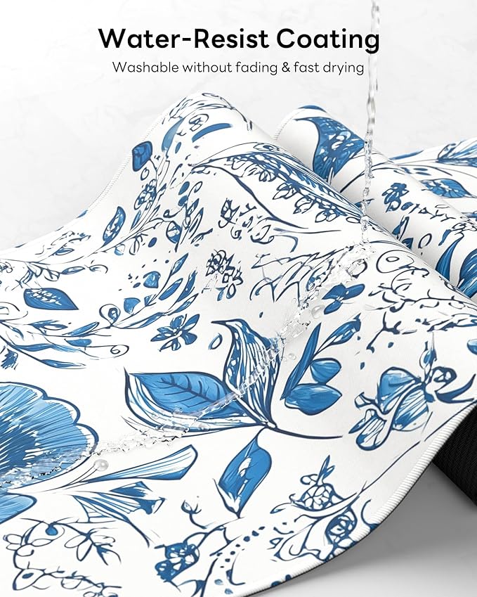 Floral Mouse Pad, 31.5 x 11.8 Large Desk Mat with Stitched Edges & Non-Slip Base, Mousepad for Office, Home, Work, Blue Flower