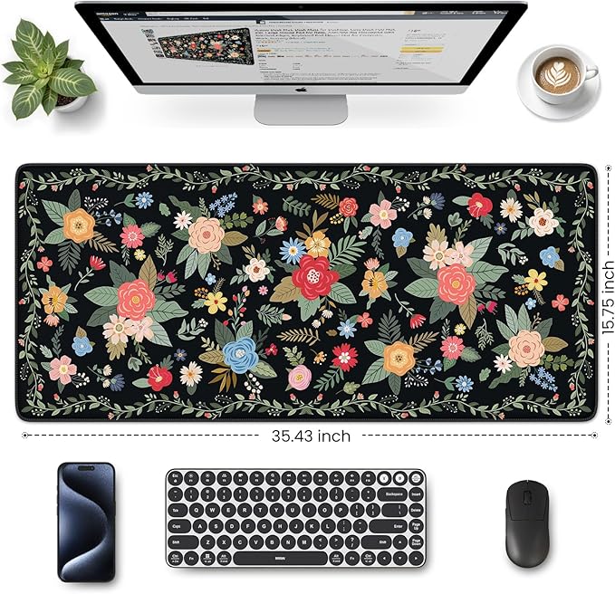 HAOCOO Floral Desk Pad for Keyboard and Mouse, Large Mouse Pad for Desk, Non-Slip Keyboard Mat, Computer Mats for Desk, Desk Pad with Stitched Edges for Office, Gaming(Black)