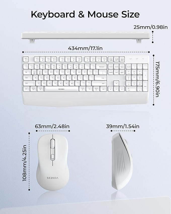 seenda Wireless Bluetooth Keyboard and Mouse Combo, COE200 Ergonomic Wireless Keyboard Mouse with Wrist Rest, Multi-Device Connection, Full-Size Compatible for Computer/Laptop/Mac/MacBook, White