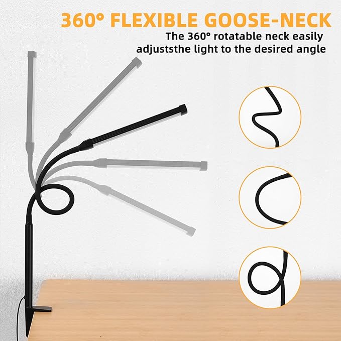 LED Desk Lamp with Clamp, Eye-Caring Clip on Lights for Home Office, 3 Modes 10 Brightness, Long Flexible Goose-Neck, Metal, Swing Arm Architect Task Table Lamps with USB Adapter, Black