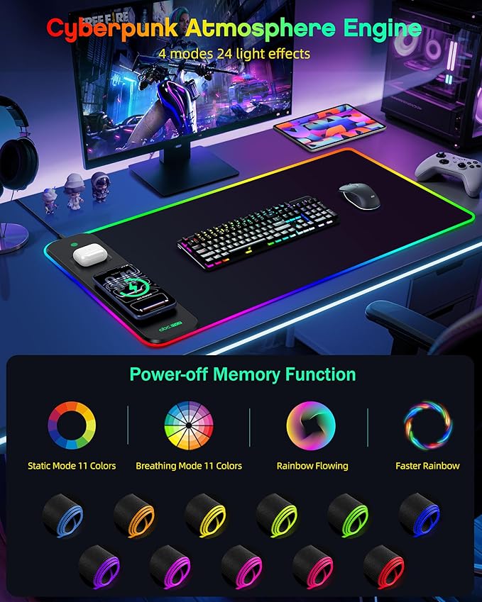 3-in-1 RGB Gaming Mouse Pad with Magnetic Wireless Charging, 31.5"x15.8" Large, 24 Light Effects, Non-Slip Base, Waterproof Ultra-Smooth Surface, No Adapter