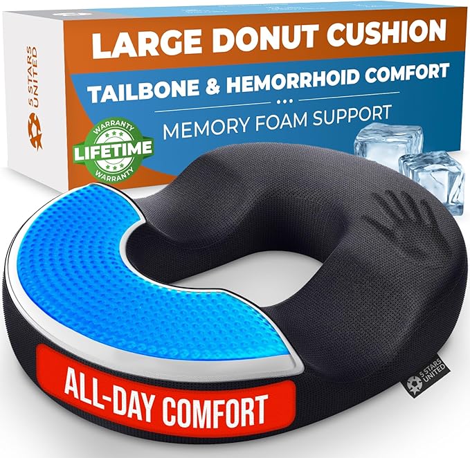 5 STARS UNITED Donut Pillow Coccyx Seat Cushion – Large Floor Cushion for Ergonomic Support – Coccyx, Prostate, Pelvic Floor, Pressure Relief, Pregnancy, Postpartum Recovery, Arctic Black