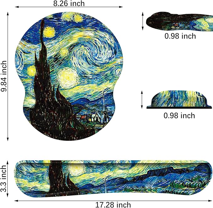 ARTSO Ergonomic Mouse Pad with Wrist Rest, Comfortable Keyboard Wrist Rest, Memory Foam Mousepad for Computer Keyboard, Mouse Pad Set for Easy Typing & Comfort, Starry Sky Oil Painting