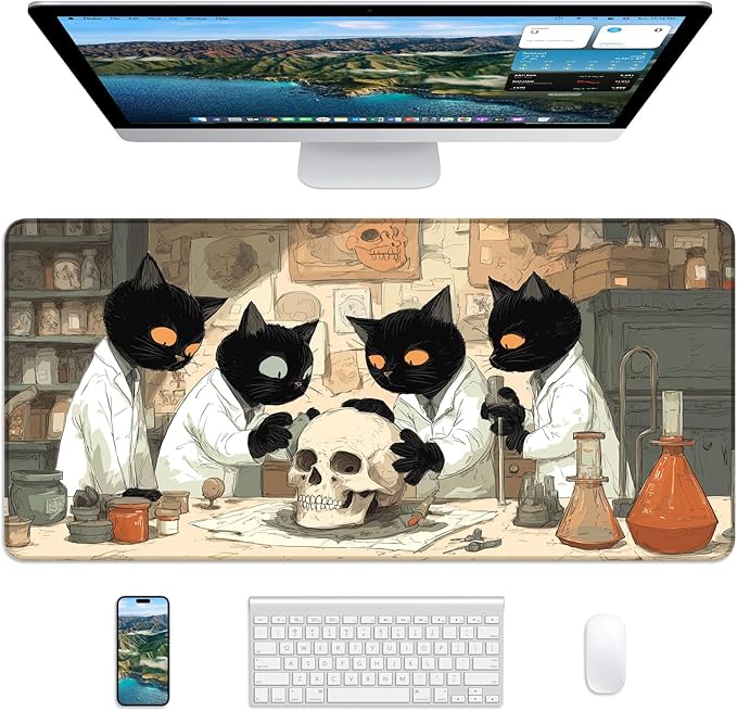XL Gaming Mouse Pad, 31.5x15.7'' Large Desk Mat with Anti-Slip Rubber Base & Stitched Edges for Gaming, Office, Home, Professor Cat