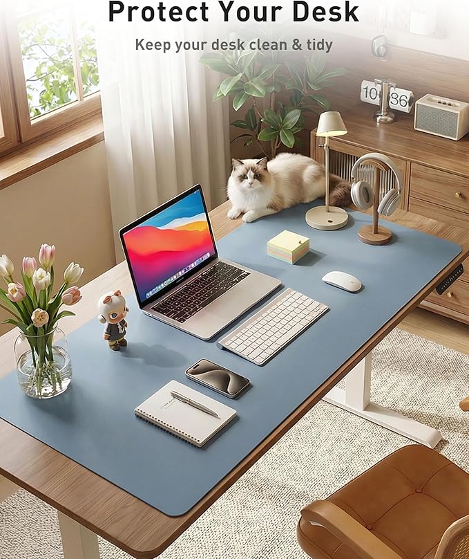 Aothia Faux Leather Desk Mat - Large Mouse Pad, Non-Slip PU Leather Blotter, Waterproof Writing Surface for Office and Home (Denim Blue, 40" x 24")