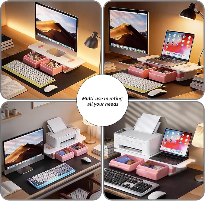Desk Organizer and Accessories, Computer Monitor Riser Laptop Stand with Drawer Privacy Protection, Office Desk Accessories & Workspace Organizers for Office Supplies, Pink
