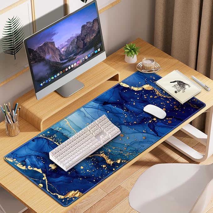 Mousepad Blue, Large Gaming Mouse Pad XXL 35.4×15.7in, Extended Computer Keyboard Mouse Mat Desk Pad for Laptop with Stitched Edges, Waterproof Mousepad for Gamer Home&Office Women