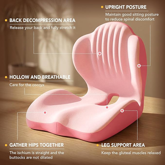 Ergonomic Seat Cushion, Office Chair Seat Cushions with L-Shaped Integrated Design, Memory Foam Orthopedic Cushion with Coccyx Hollow, Lumbar Support & Tailbone Support for Long Sitting (Pink)