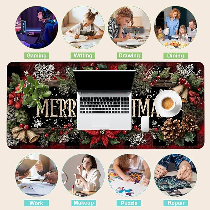 Desk Mat, XXL Extended Gaming Pad for Desktop, 35x16 Inches Floral with Flowers, Large Non-Slip Vegan Leather Surface with Stitched Edges, Keyboard Mouse Mat for Home Office