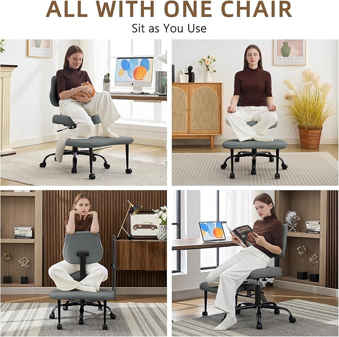 Ergonomic Criss Cross Legged Office Chair, ADHD Chair, Wide Height Adjustable Seat 360° Swivel Footstool with Wheels, PU Leather Meditation Kneeling Chair, for The Restless Home Workers, Grey
