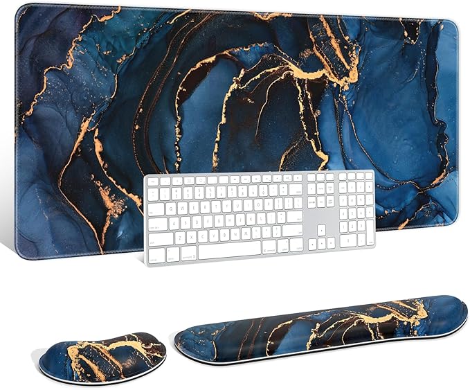 Auhoahsil Large Mouse Pad with Wrist Rests for Keyboard & Mouse, Thick Soft Ergonomic Memory Foam Wrist Supports, Big & Long Desk Mat 35.5 x 15.7 in, for Office Gaming Computer, Dark Blue Marble